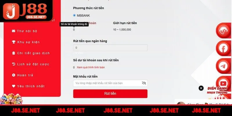 Điền thông tin đầy đủ và chính xác vào biểu mẫu rút tiền J88